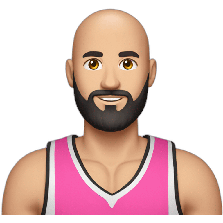 Caucasian basketball player, bald, with black beard, wearing pink jersey (miami style) no 10 and holding a basketball emoji