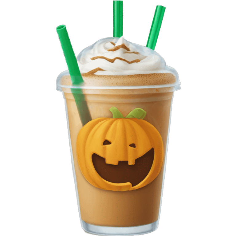 iced pumpkin spice latte in a clear cup with a green straw and a pumpkin topper and logo emoji