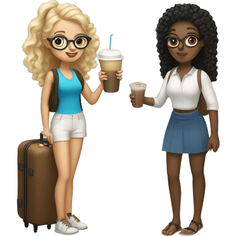 2 girls traveling to Greece, one with blonde curly hair with an iced coffee in her hand, the other with waist black hair in a pony tail with glasses and a suitcase emoji