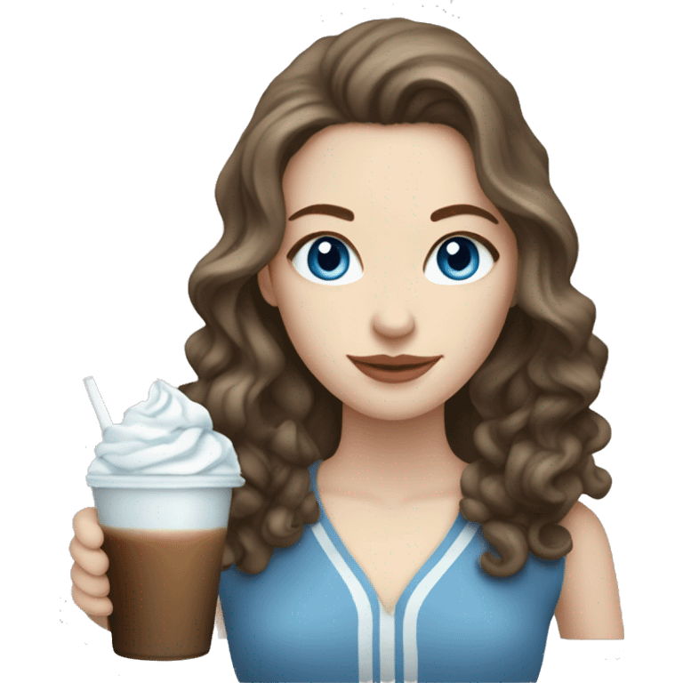 Pale skin women with brown wavy hair and blue eyes drinking ice latte  emoji