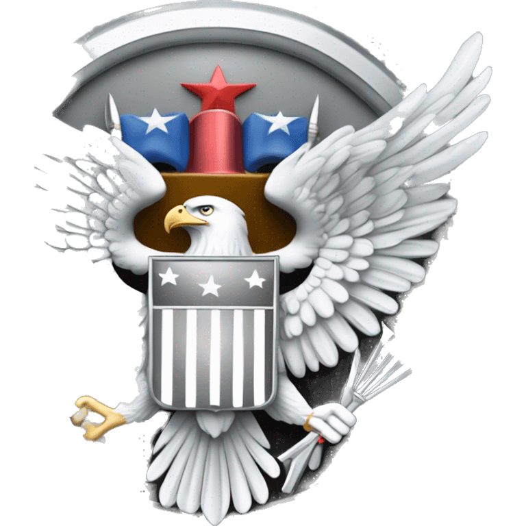 Create an emoji of a silver US Army O-6 Colonel insignia: a detailed silver eagle with outstretched wings, clutching arrows and bearing a shield on its chest. Ensure the background is transparent. emoji