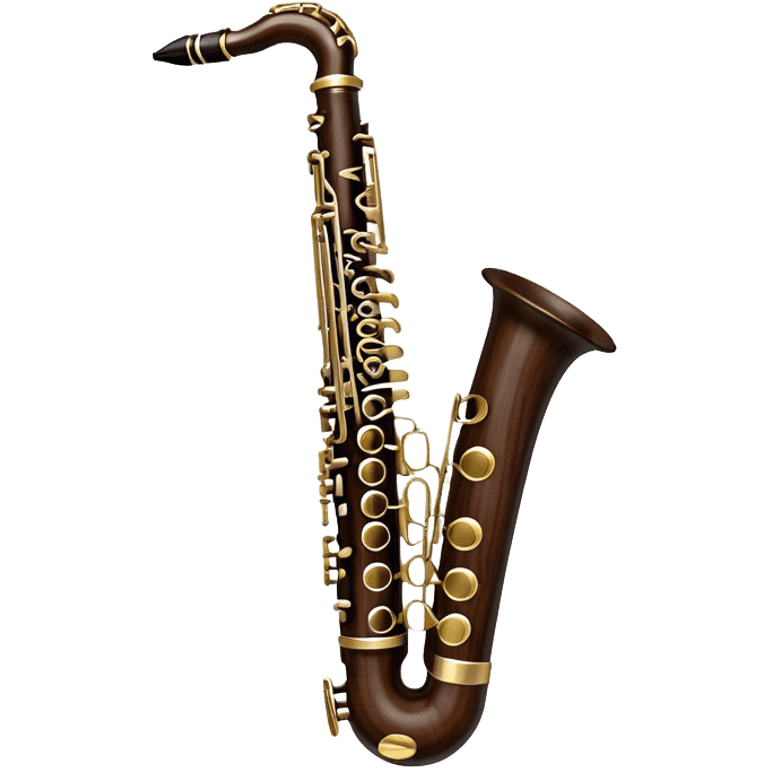 Create a detailed and unique emoji representing a clarinet with a saxophone-style mouthpiece. The design should feature the sleek, dark wood finish of the clarinet, with its shiny metal keys clearly visible, but at the top, include the large, curved mouthpiece typical of a saxophone. The mouthpiece should have a reed, similar to the one used in a saxophone, with subtle details to indicate its function. Use dark wood tones for the body of the instrument and silver or brass accents for the keys. Add small musical notes or soundwaves around the instrument to evoke its smooth, melodic sound. The background should be transparent emoji