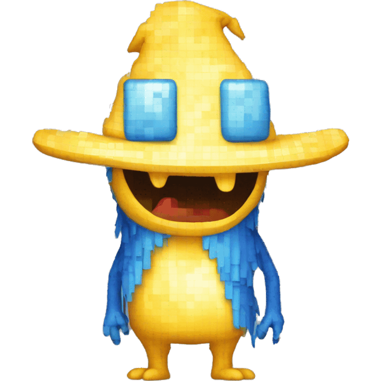 pixelated monster with white body, yellow tail, wearing blue skywitch hat. the face facing the front (through the 4th wall) emoji