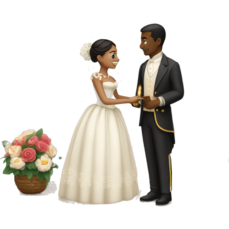 Create a romantic scene depicting a bride and groom in Santander's colonial setting, surrounded by flowers, candles, and wedding details. emoji