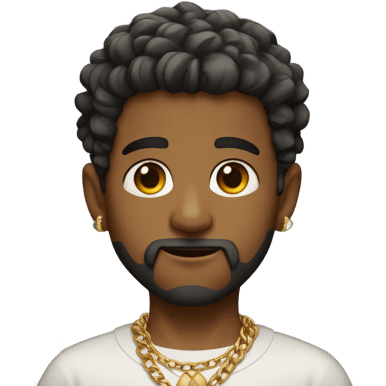 indian boy, with low taper fade and fluffy hair, , and a started beard, wearing gold chains, with earing.\ emoji