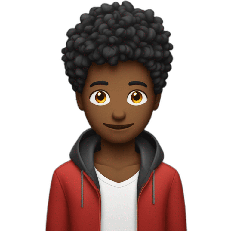 Un garçon avec des cheveux rouges, une mèche noire, un signe de pique sur sa joue et des yeux noirs. Il a l’air inexpressif emoji