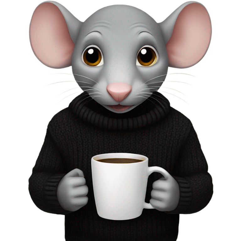 A bald rat in a black sweater drinks coffee. emoji