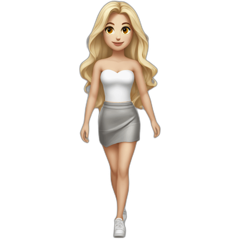 hyperrealistic caucasian long blonde hair brown perfect eyes woman white v-neck strapless top gray tight mini skirt walking towards camera emoji