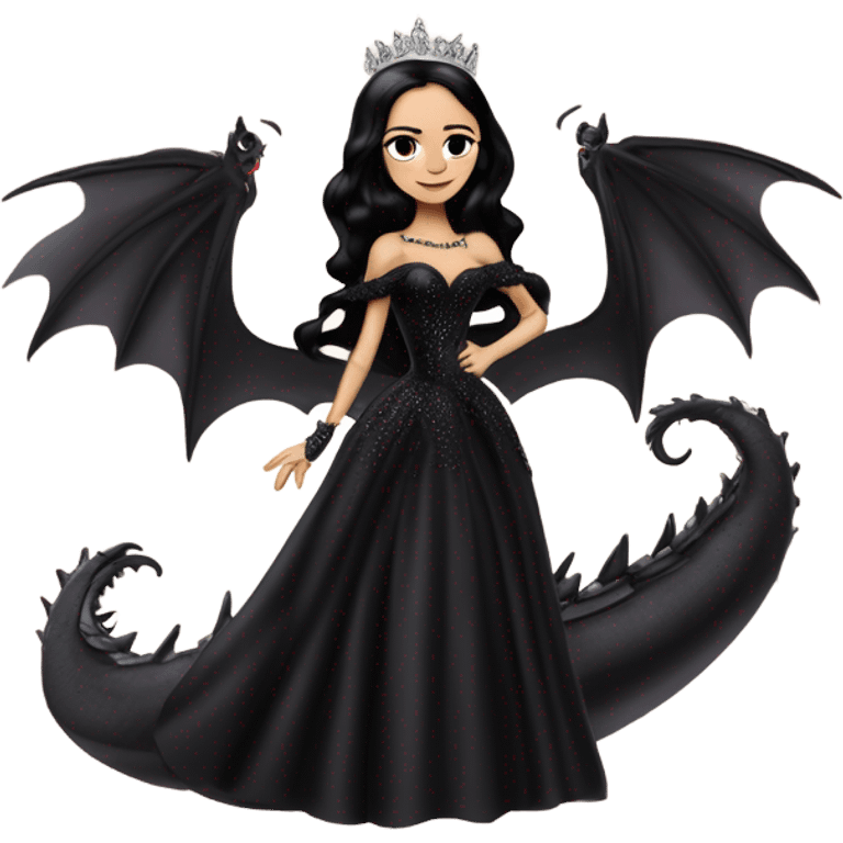 Lavish Victorian evening gown, Jenna Ortega as young Morticia Addams Jedi wearing a mini tiara, riding on the back of a very large blood red evil-looking horned firedragon emoji