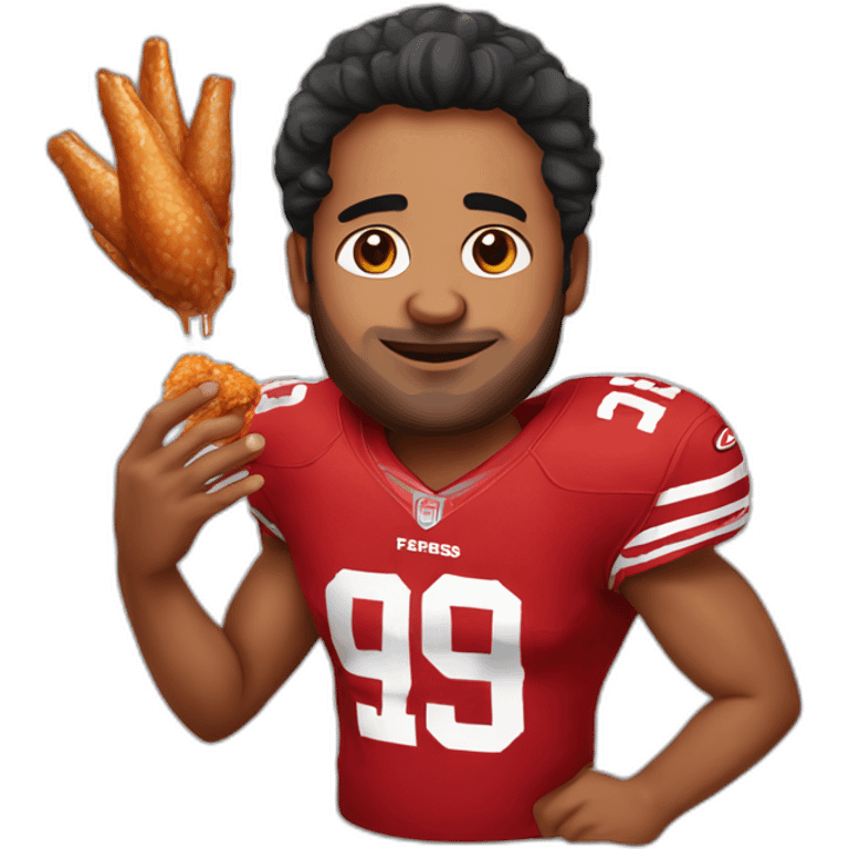 an indian male with a 49ers jersey and chicken wing dripping with sauce on his hand emoji