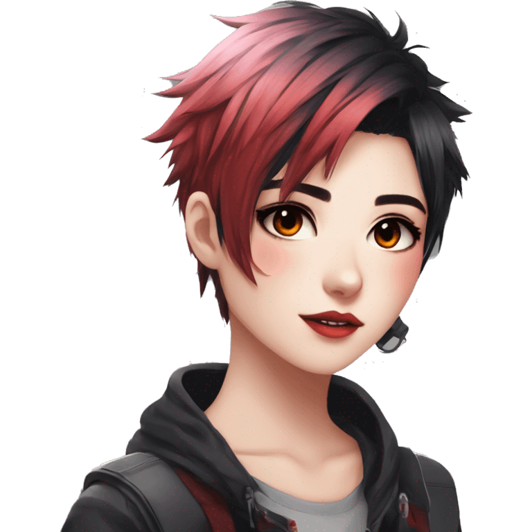 Gorgeous anime style tomboy-lady with blushing face aesthetic and pretty edgy black red punk hair with hair garment trending style emoji