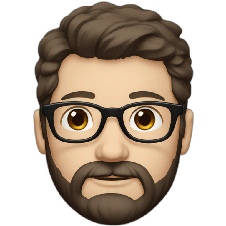 White man with blue eyes and dark brown hair, styled sideways backwards. He has a beard and mustache trimmed and wears a black t-shirt and vintage glasses. emoji