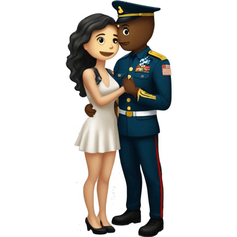 Un chico rapado vestido de militar dándose un beso con una chica morena  emoji