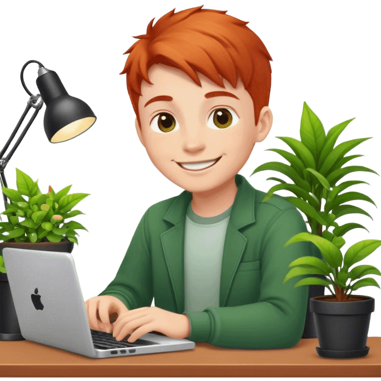 Redhead programmer boy sitting at a desk with plants and smiling emoji