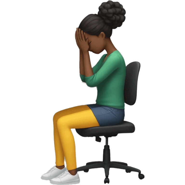 full body girl sitting at her desk with her hands on her head, she is visibly stressed with a computer in front of her. she is faceless emoji