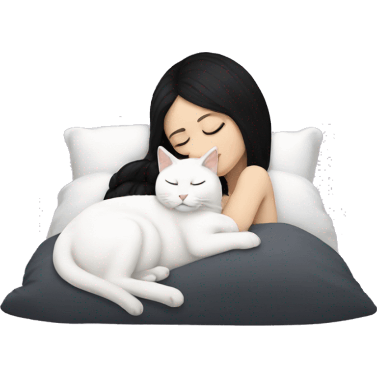 White girl with black hair sleeping with white cat emoji