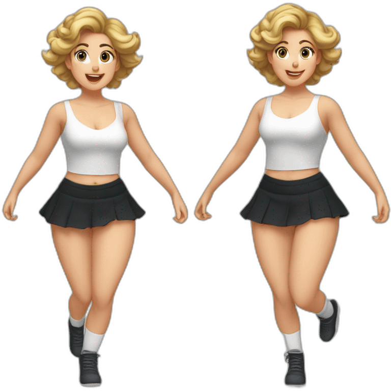 full-body-caucasian-curvy-beauty-jumping-short-black-skirt-back-and-front-views-strong-wind-knickers-long-white-socks emoji