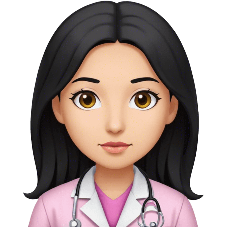 Female doctor wearing pink undershirt and lab coat with long black hair and olive skin emoji