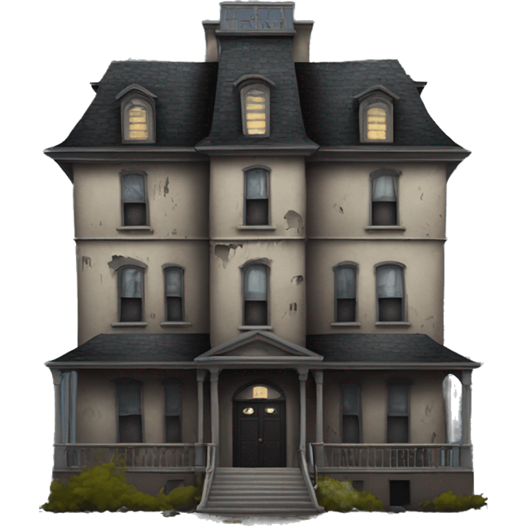 Dark dilapidated 8 story Haunted Addams manor hotel with attached garage  emoji