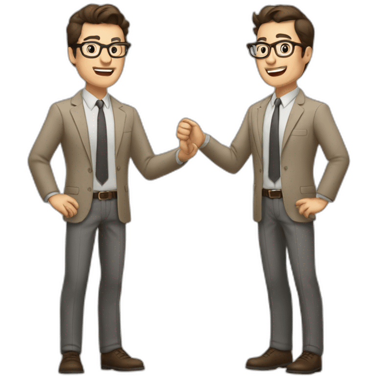 To belt Actively gesturing with hands Pale skinned fit man with dark brown hair in gray jacket, beige office shirt, brown tie, brown pants and vintage glasses. emoji