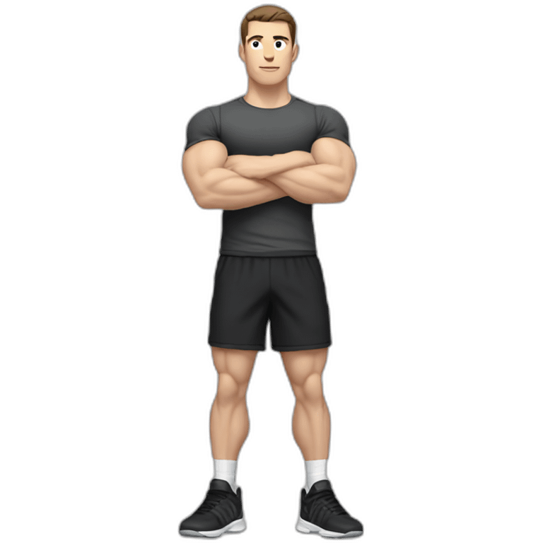 Pale skinned Fit Man With the biceps and dark brown hair in black shirt, gray sports shorts and white Sneakers emoji