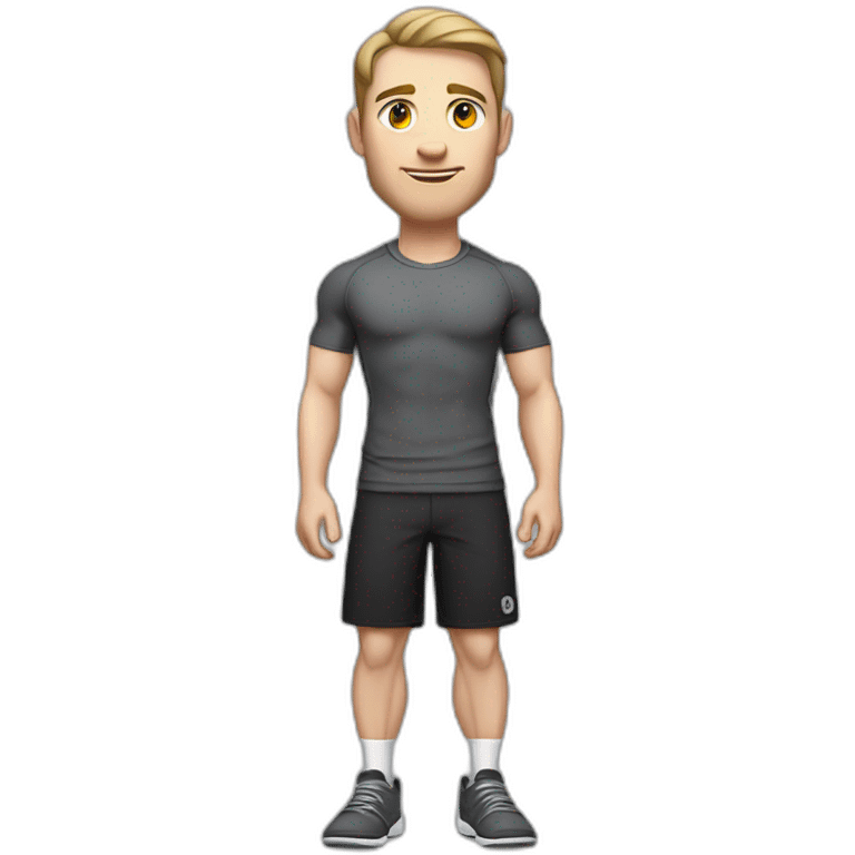 Pale skinned Fit Man With the biceps and dark brown hair in black shirt, gray sports shorts and white Sneakers Relies on the crossbar emoji