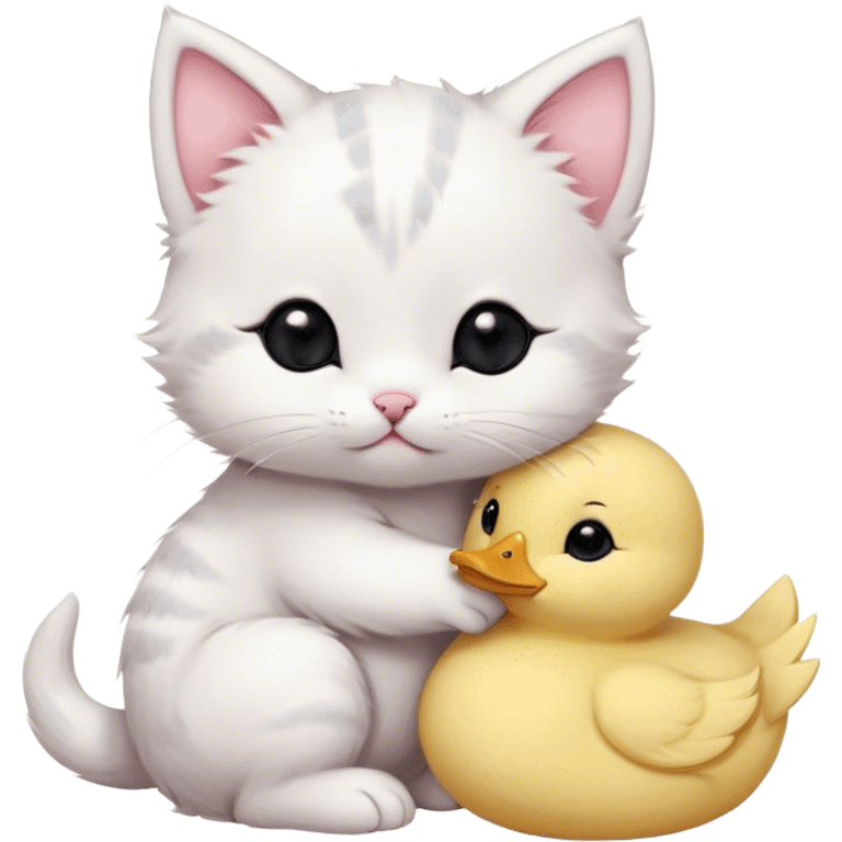 A simple and cute white kitten with pink blush on its cheeks and three short gray lines on its head. The kitten is hugging and biting a yellow, fluffy little duck that looks like a plush toy or a cookie. There is some kitten drool on the duck's head. The overall style is hand-drawn, with simple lines and a soft, adorable look. The kitten has round black eyes and a silly, innocent expression. The little duck looks helpless. emoji