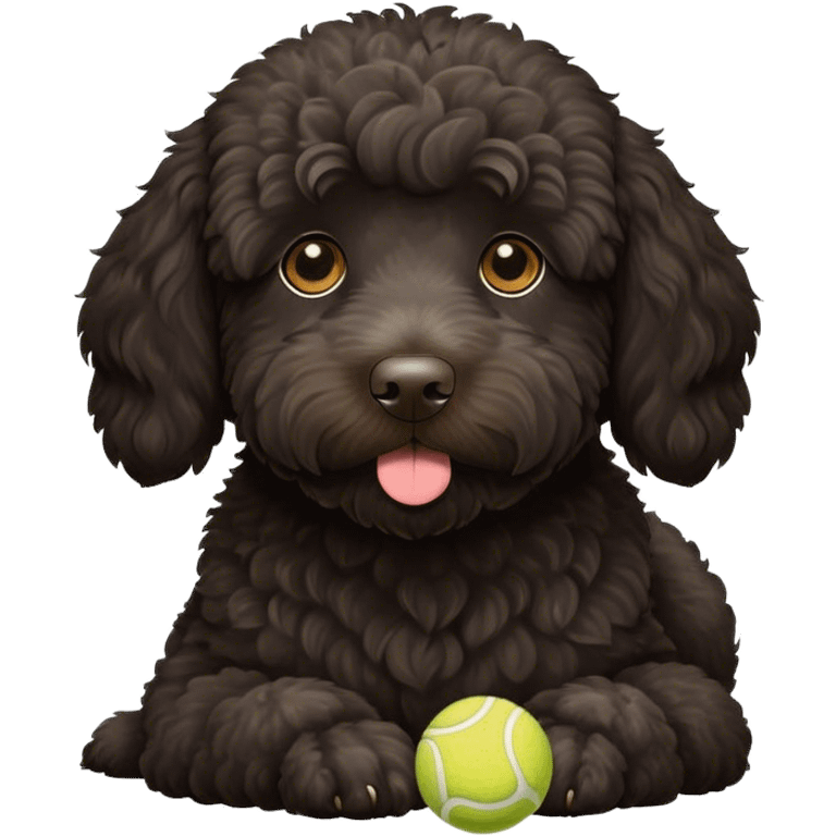 All black labradoodle with white spot on chest, dreaming about tennis ball emoji