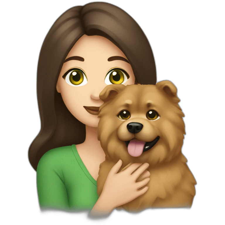 A green-eyed brunette holding a chowchow emoji