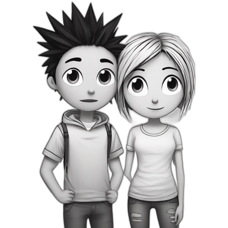 a dog and a girl with black spiky hair looking at each other in style of ((sarah andersen)), black and white,sarah andersen,cartoon,drawn,sketch emoji