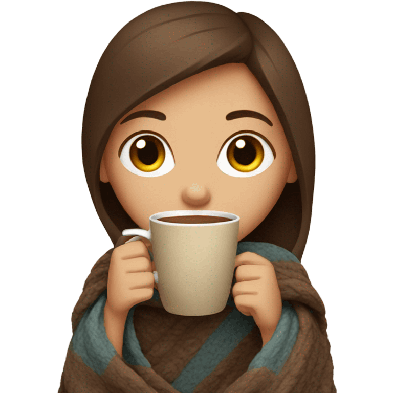 Brown hair Girl drinking coffee, with a cozy blanket emoji