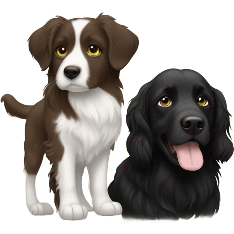 Girl with brown hair and green brown eyes next to a black golden retriever and épagneul breton black and White  emoji