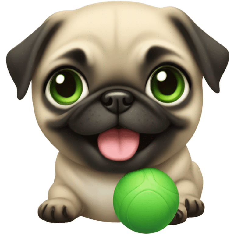 Smiling Baby pug with green eyes playing with a green ball emoji