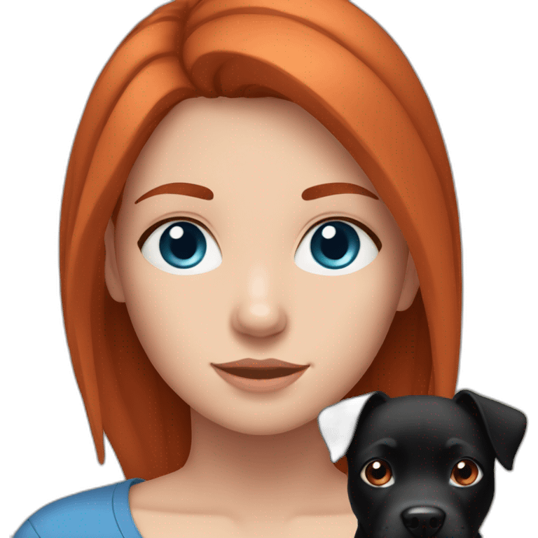 teenage girl, red hair, blue eyes with pet black staffy emoji