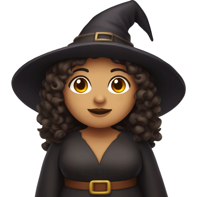 chubby hispanic witch with curly brown hair, tan skin, robes, and a witch's hat emoji