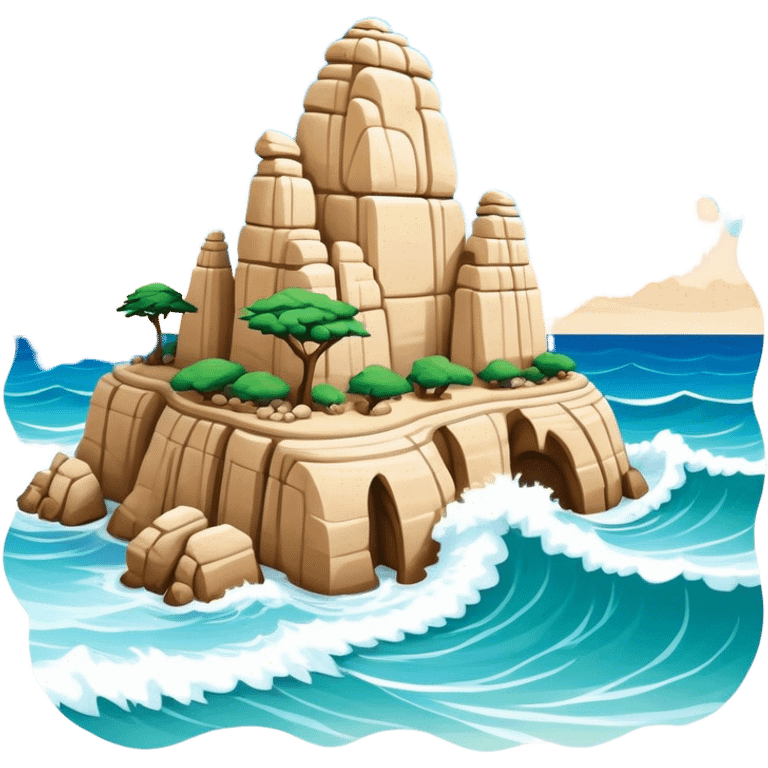 Cinematic Realistic Raouche Rocks, Beirut Landmark Emoji, depicting the majestic limestone rock formations rising from the Mediterranean Sea, with waves crashing against their bases under a vibrant sky. emoji