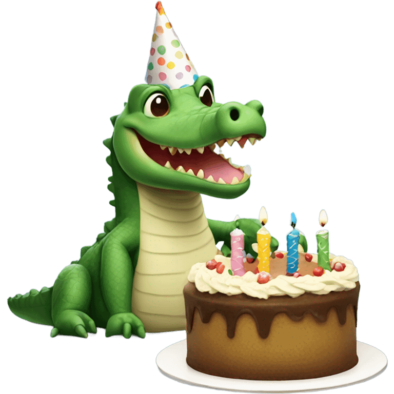 Alligator wearing birthday hat, eating birthday cake emoji