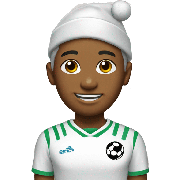 Be accurate and clean.9 year old kids soccer team in white jersey that has a soccer ball with a Santa hat on top of it. emoji