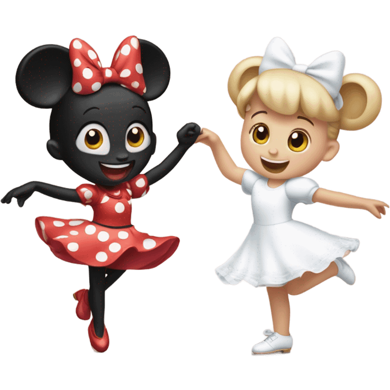 Minnie Mouse with white skin dancing with little girl with white skin and light brown hair dancing  emoji