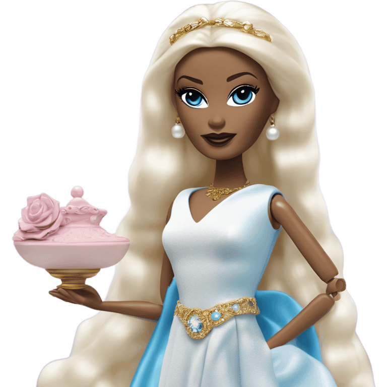 Malibu teen blond Morticia Addams’s in as Princess Leia Barbie in ruffled pearl-white and blue informal ball gown with gold accents and accessories  emoji