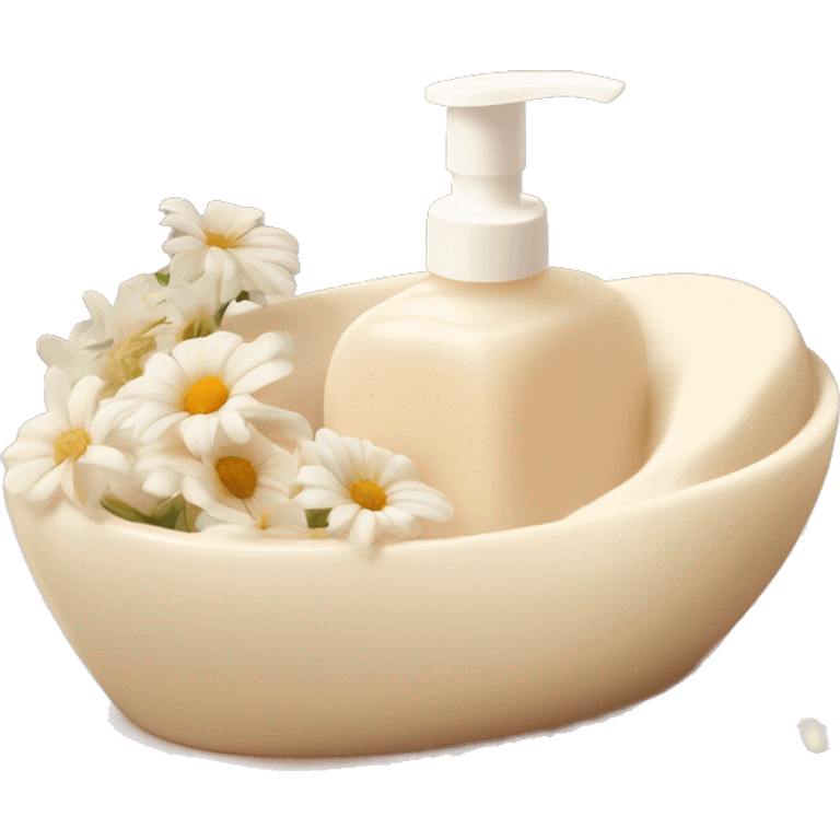 hand soap, delicate milky color, with vanilla aroma, in a beige soap dish with flowers. emoji