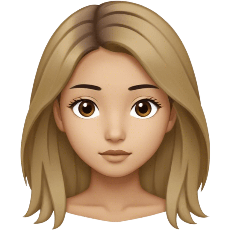 A thin girl with Mongolian roots, shoulder-length dark blonde hair with light strands framing her face, large slightly slanted dark brown eyes, olive skin, and medium-width light brown eyebrows emoji