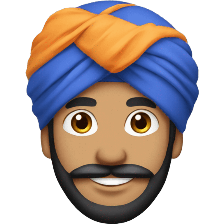 Cheerful Sikh man emoji with a blue turban, friendly smile, kind eyes, black beard, minimalistic cartoon style, plain background. emoji