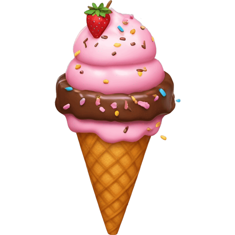 strawberry icecream with chocolate with a pink bow on top with sprinkles in a cone emoji