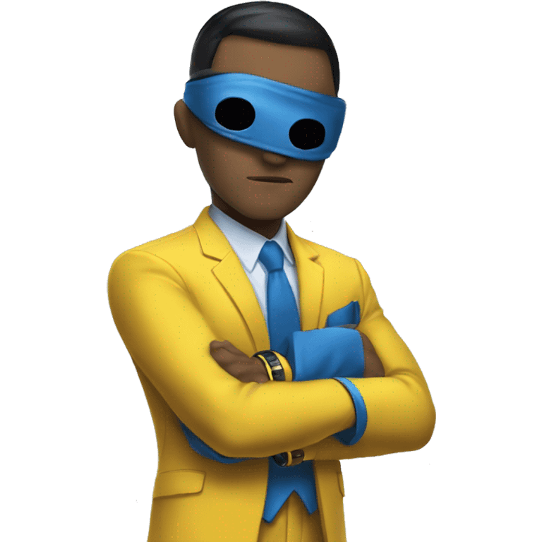 Invincible wearing a yellow and blue suit with black accents. He should have a distinctive yellow visor-style mask covering his eyes, shot black hair. heroic expression. emoji