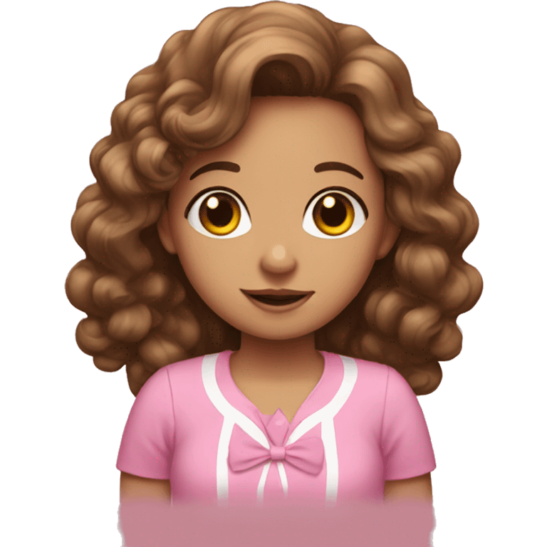 A girl with long curly brown hair and pink shirt with a bow emoji