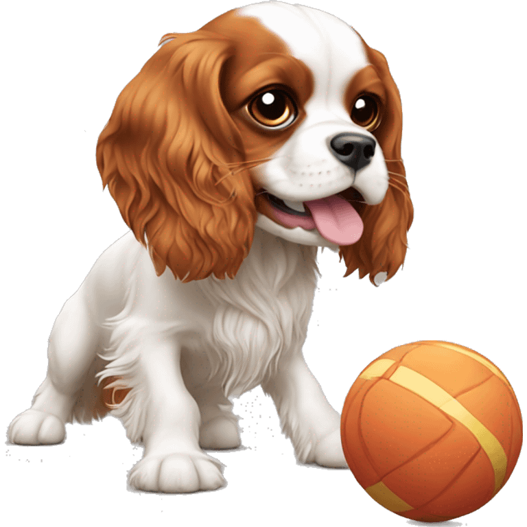 Cavalier King Charles spaniel playing with toy emoji