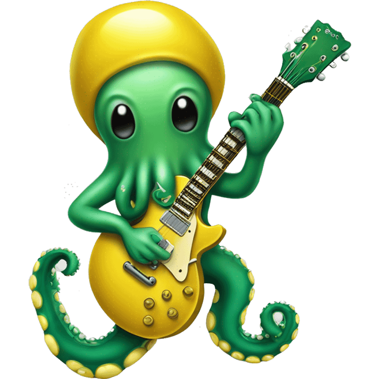 A cute green octopus holding a "les paul" yellow guitar and playing hard rock emoji