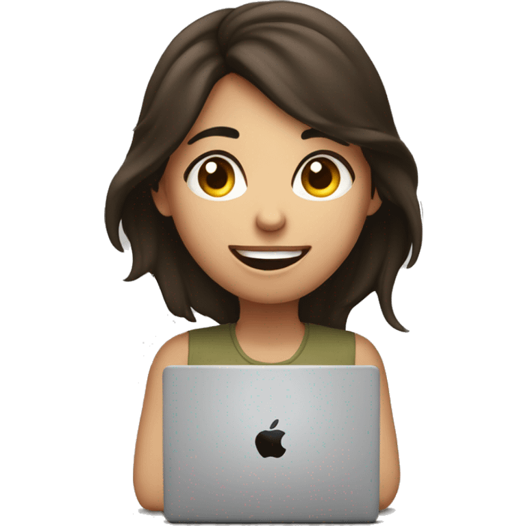 Brunette girl with eyebags, mac laptop stressed out but still smiling emoji