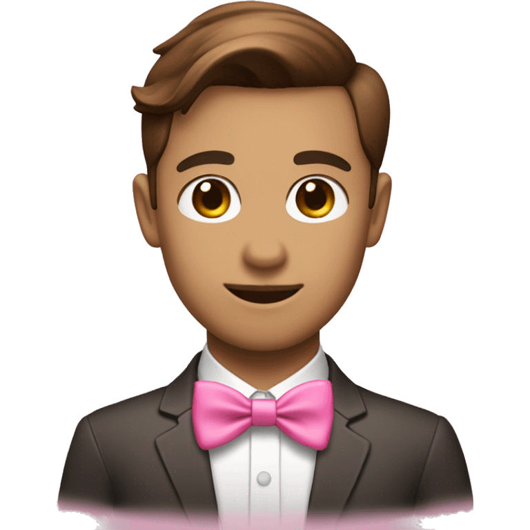 a Asia Cute Gay headhunter(white people brown hair) with pink bow tie and heart eyes emoji